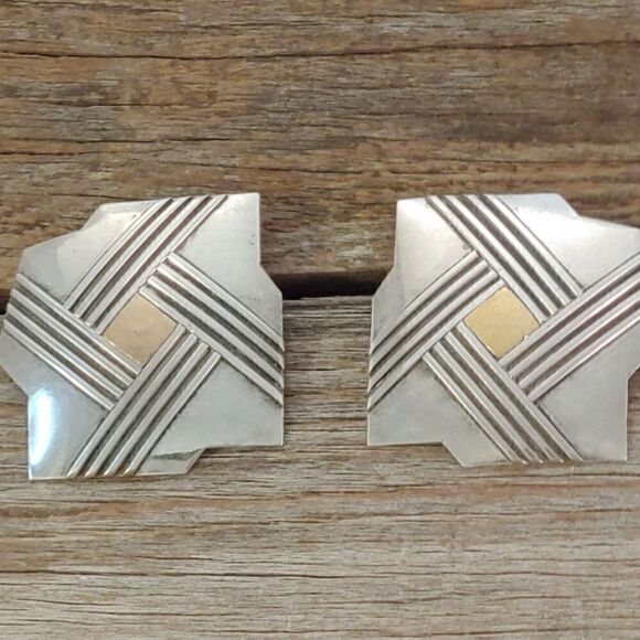 Vintage Sterling Geometric Lines Large Earrings - Picture 3 of 7